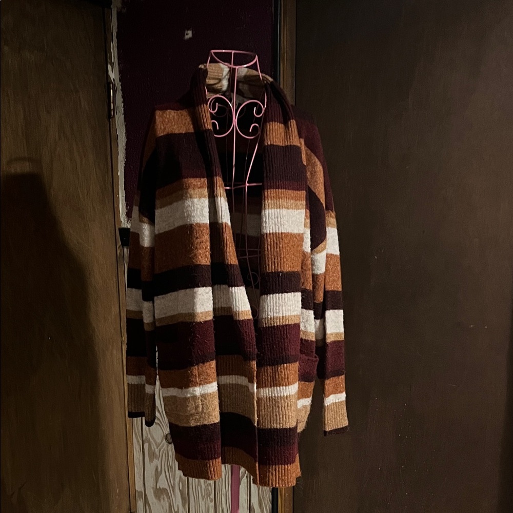 Striped Women’s Sweater -open in front with Brown, cream and burgundy